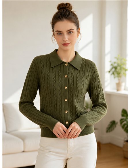 Cárdigan trenzado cuello camisero