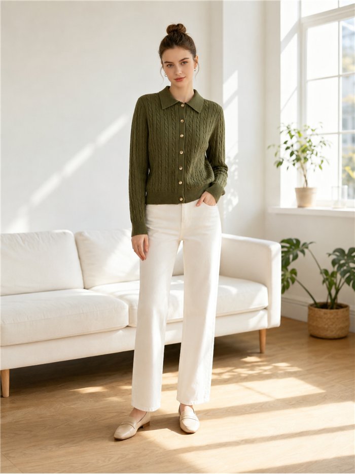 Cárdigan trenzado cuello camisero