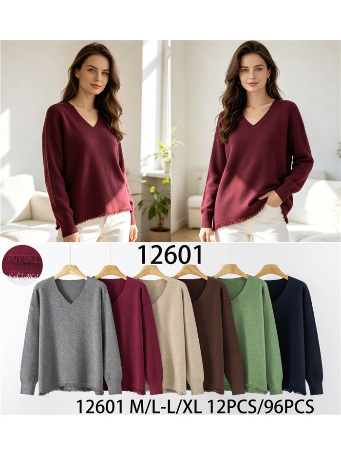 Jersey soft cuello pico bajo desflecado