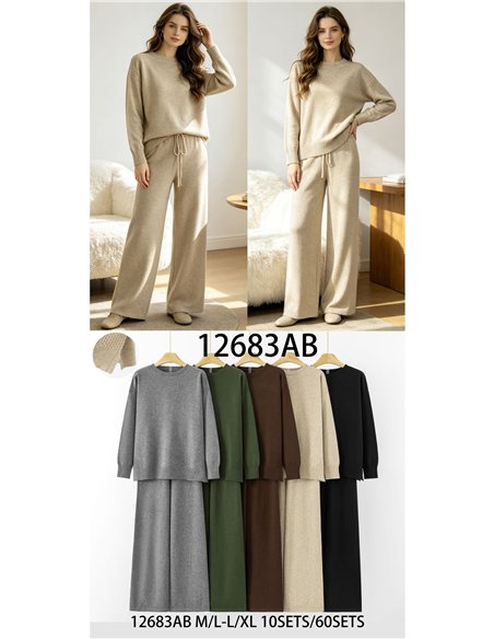 Conjunto jersey detalle trenzado y pantalón wide leg
