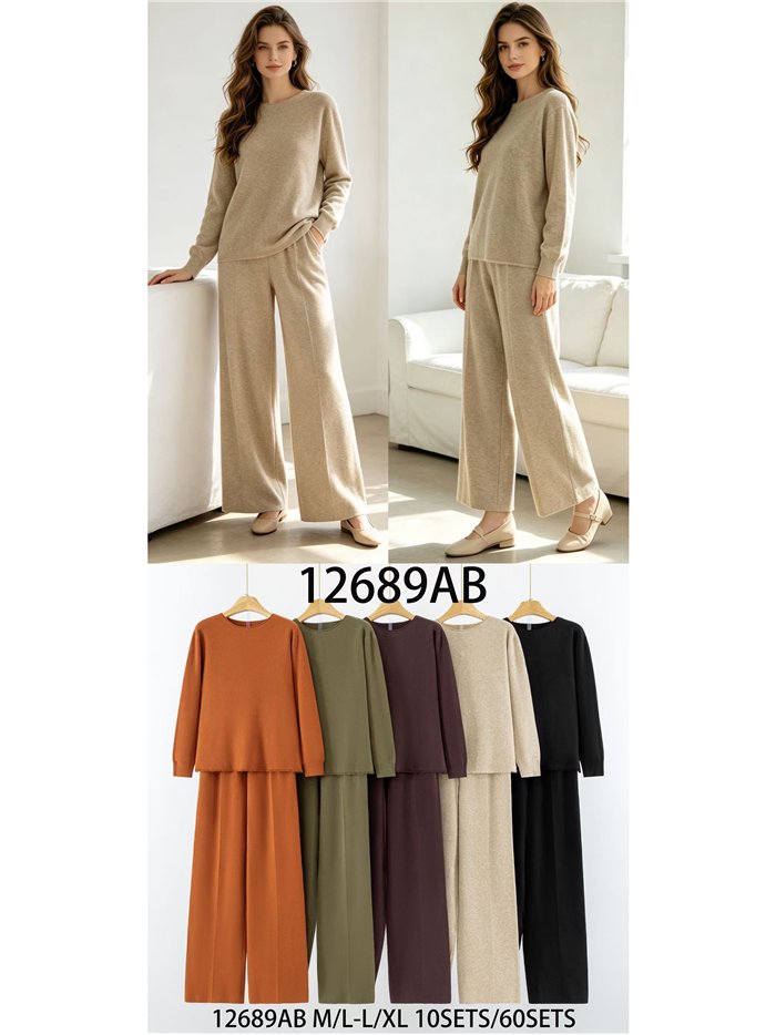 Conjunto jersey bajo desflecado y pantalón wide leg