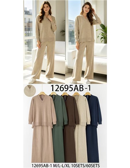 Conjunto jersey cuello pico y pantalón wide leg