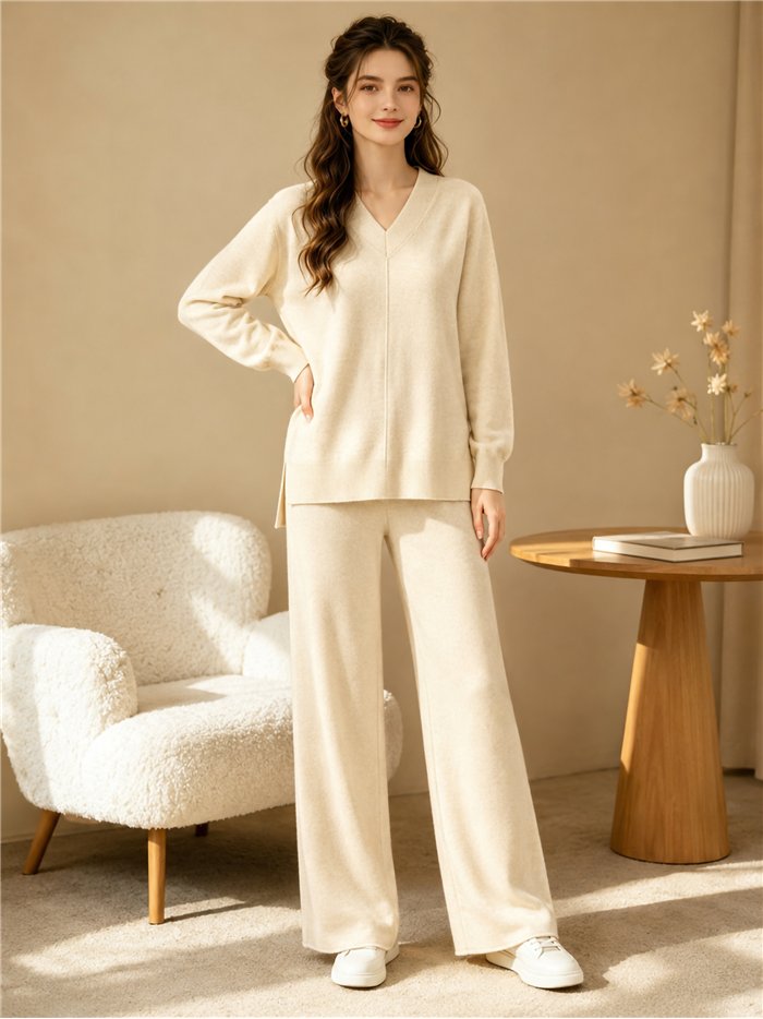 Conjunto jersey cuello pico y pantalón wide leg