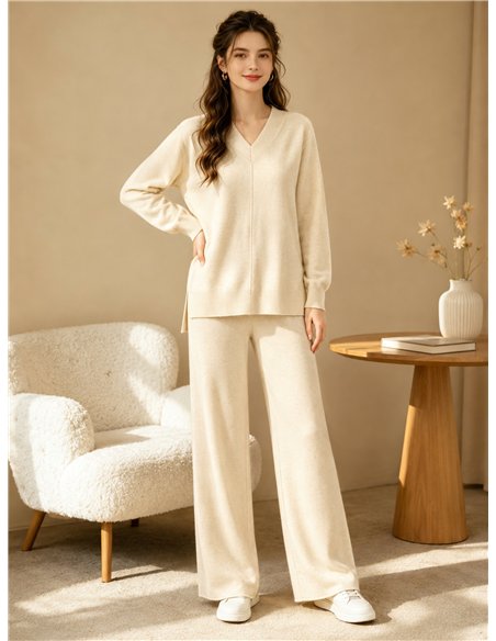 Conjunto jersey cuello pico y pantalón wide leg