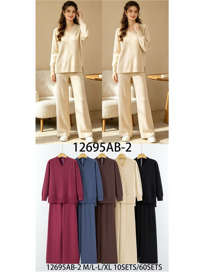 Conjunto jersey cuello pico y pantalón wide leg