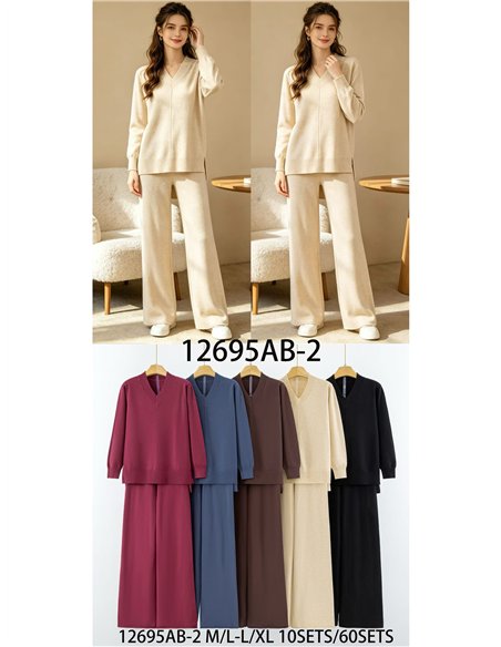 Conjunto jersey cuello pico y pantalón wide leg
