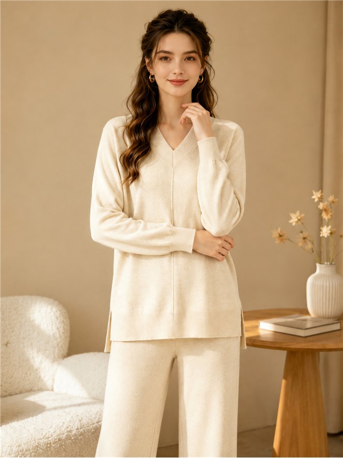 Conjunto jersey cuello pico y pantalón wide leg