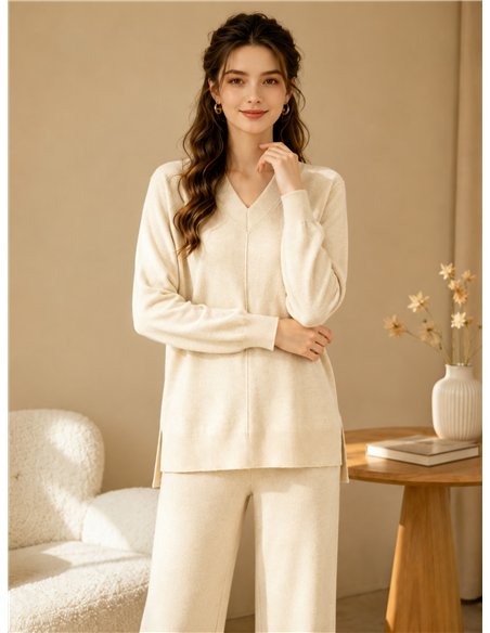 Conjunto jersey cuello pico y pantalón wide leg