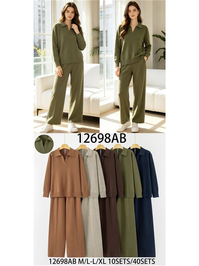Conjunto jersey cuello polo y pantalón wide leg