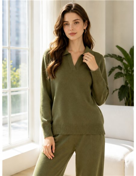 Conjunto jersey cuello polo y pantalón wide leg