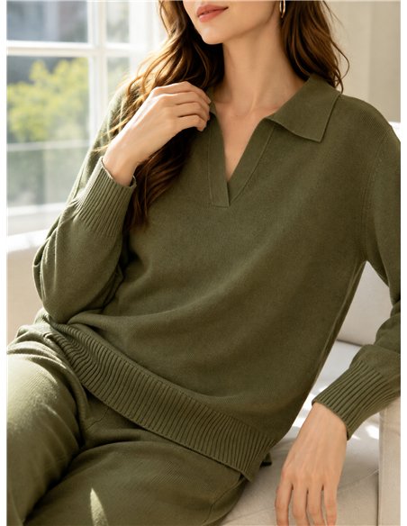 Conjunto jersey cuello polo y pantalón wide leg