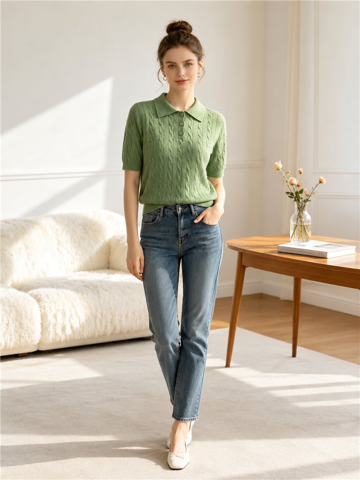 Jersey trenzado cuello polo con botones