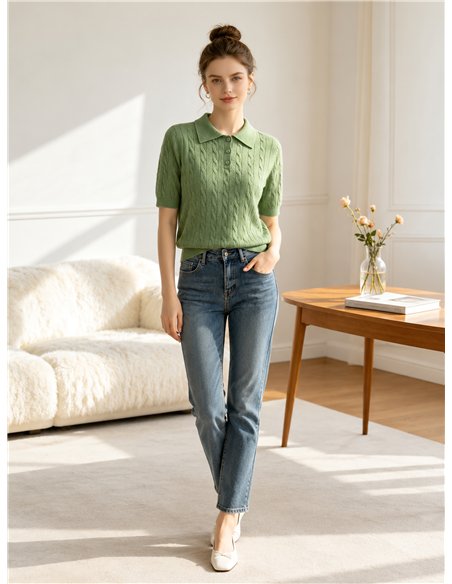 Jersey trenzado cuello polo con botones