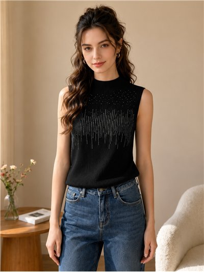 Top canalé strass cuello alto