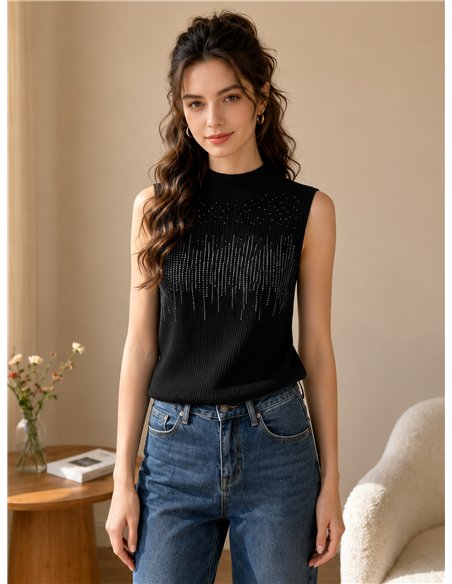 Top canalé strass cuello alto