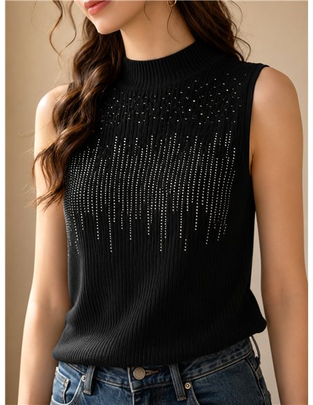 Top canalé strass cuello alto