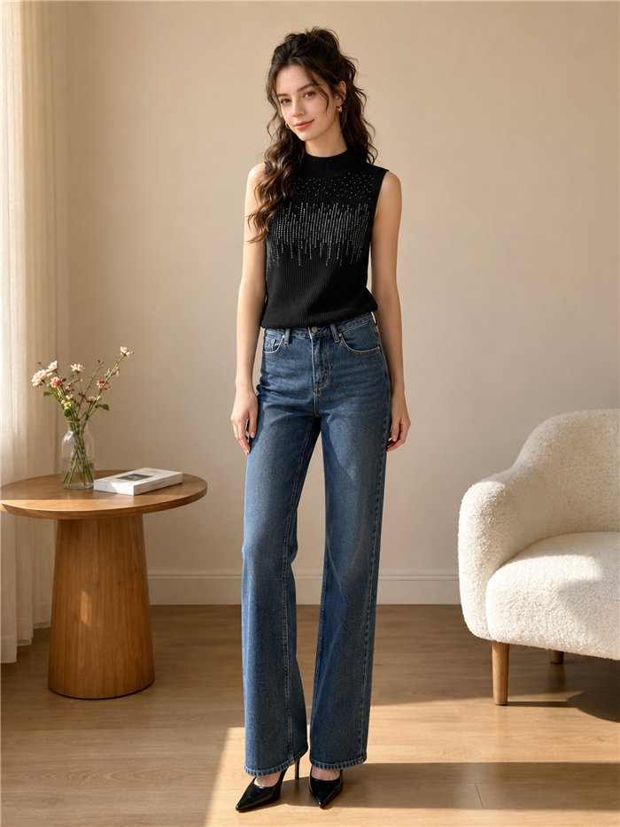 Top canalé strass cuello alto