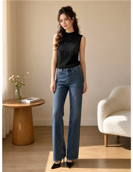 Top canalé strass cuello alto