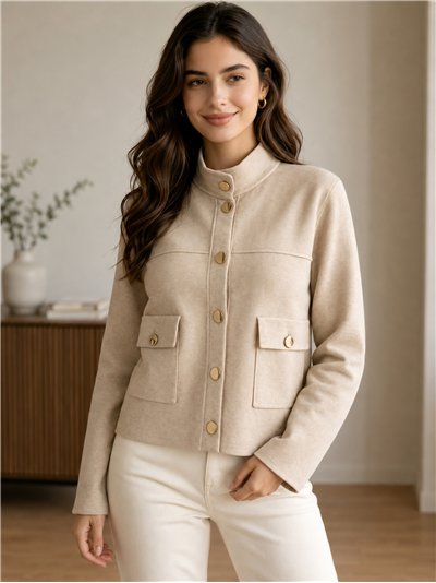 High-neck knit jacket with gold buttons