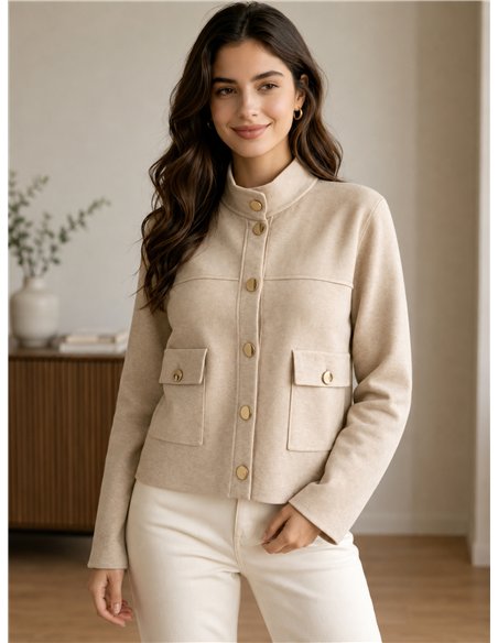 High-neck knit jacket with gold buttons