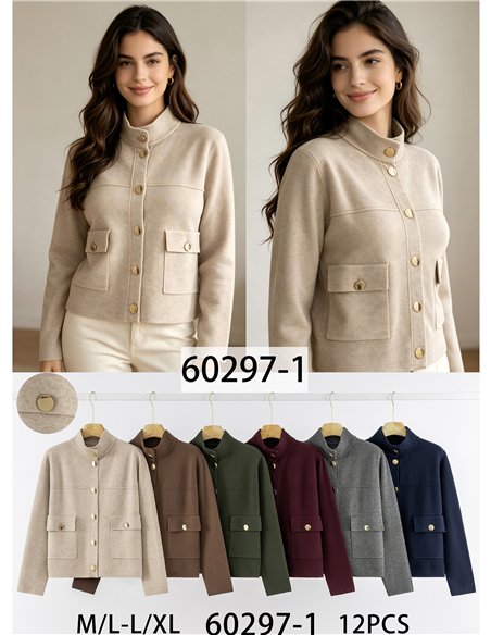 High-neck knit jacket with gold buttons