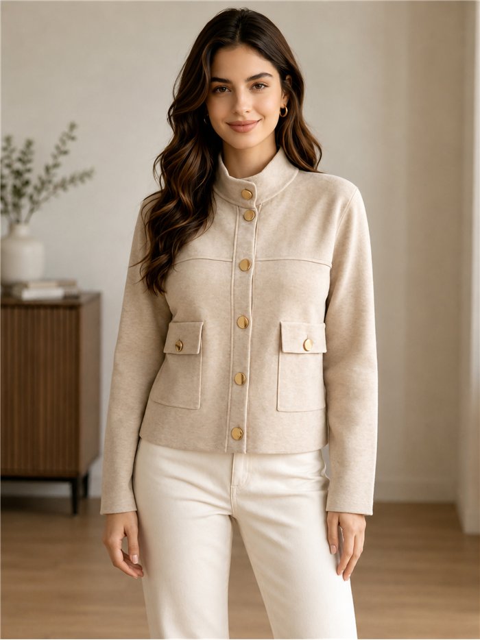 High-neck knit jacket with gold buttons