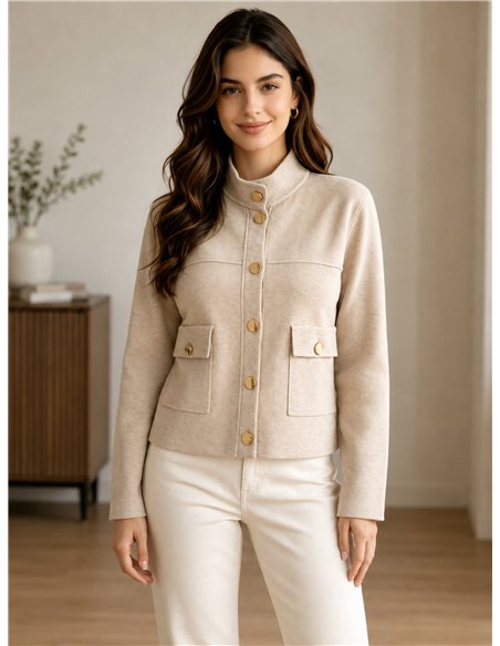 High-neck knit jacket with gold buttons