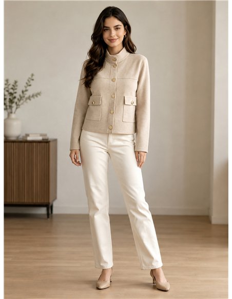 High-neck knit jacket with gold buttons