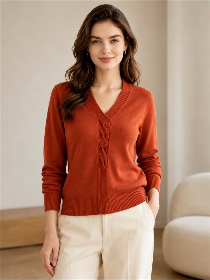 Jersey cuello pico con trenza central