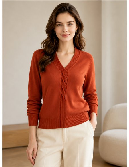 Jersey cuello pico con trenza central
