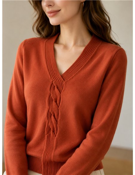 Jersey cuello pico con trenza central
