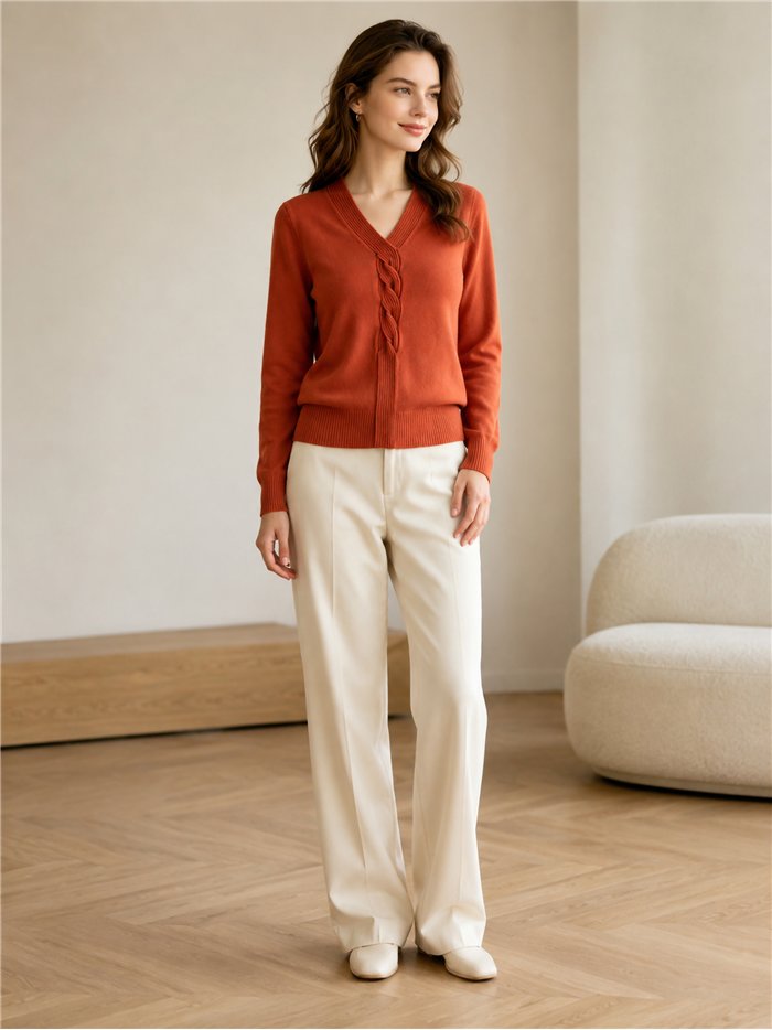 Jersey cuello pico con trenza central