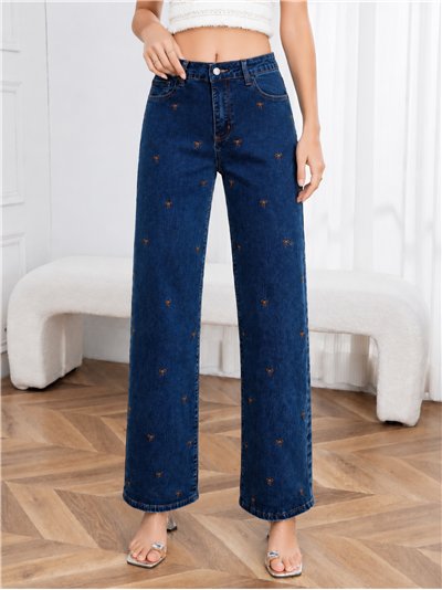 Jeans wide leg bordado lazos