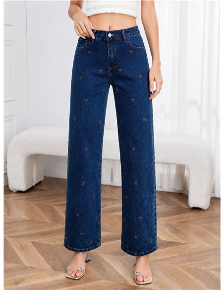 Jeans wide leg bordado lazos