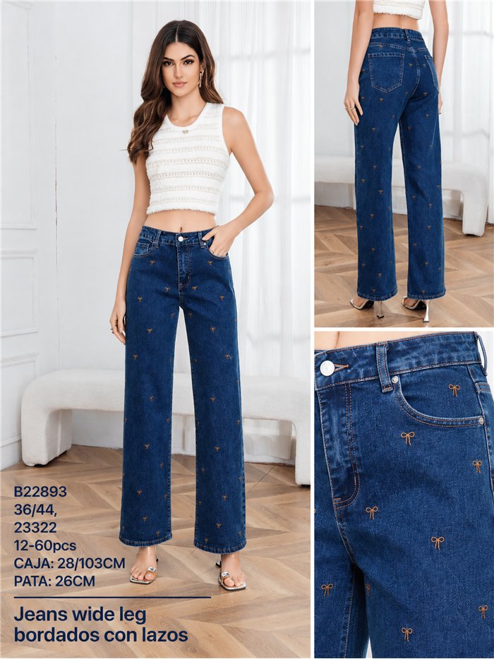 Jeans wide leg bordado lazos