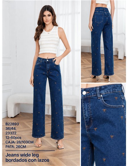 Jeans wide leg bordado lazos