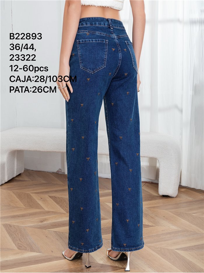 Jeans wide leg bordado lazos