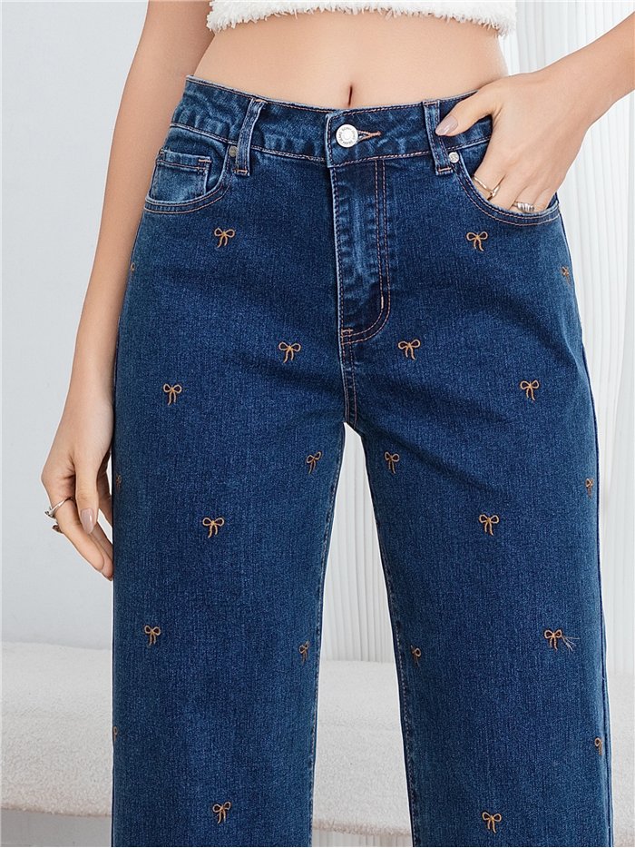 Jeans wide leg bordado lazos
