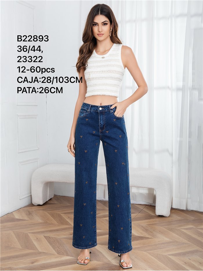 Jeans wide leg bordado lazos
