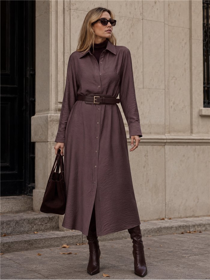 Vestido midi camisero fluido con cinturón