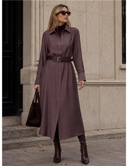 Vestido midi camisero fluido con cinturón