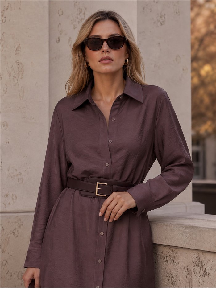 Vestido midi camisero fluido con cinturón