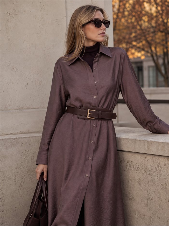 Vestido midi camisero fluido con cinturón
