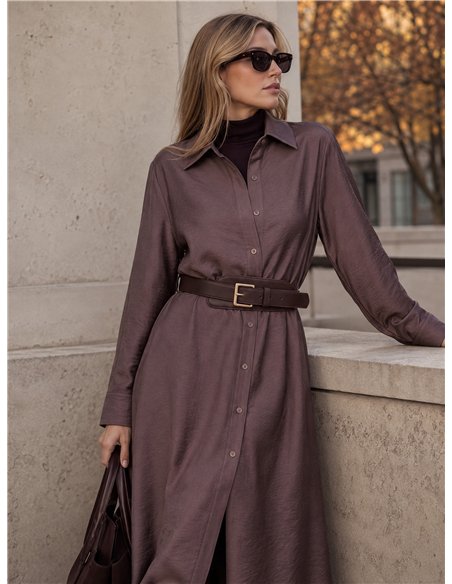 Vestido midi camisero fluido con cinturón