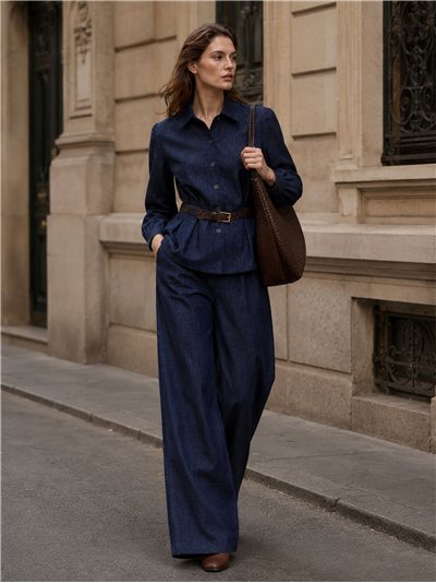 Pantalón wide leg efecto denim con pinzas