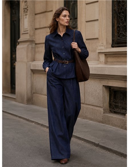 Pantalón wide leg efecto denim con pinzas