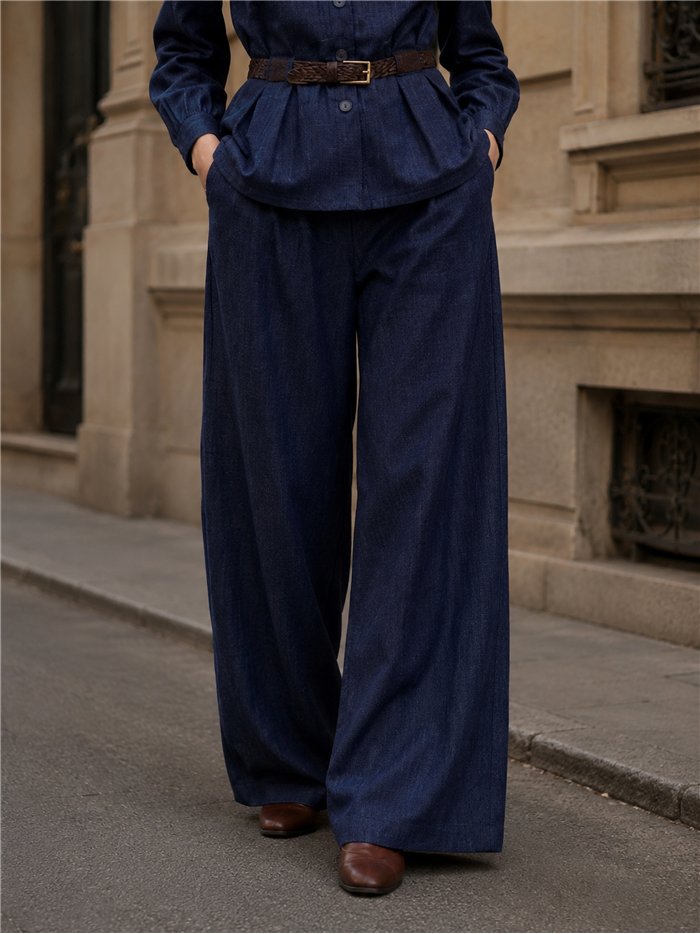 Pantalón wide leg efecto denim con pinzas