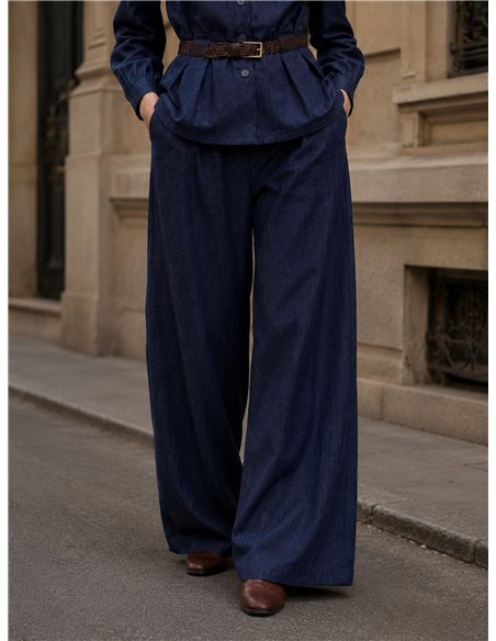 Pantalón wide leg efecto denim con pinzas