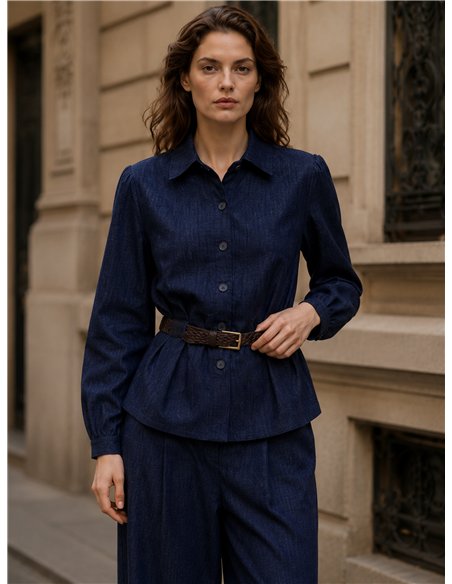 Pantalón wide leg efecto denim con pinzas