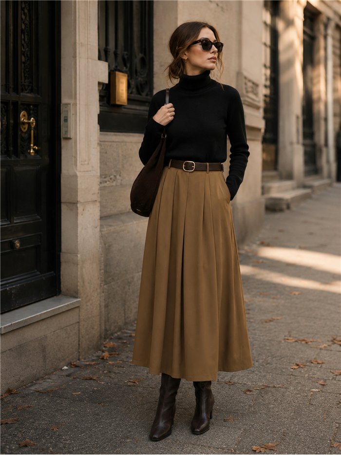 Falda midi con tablas y cinturón